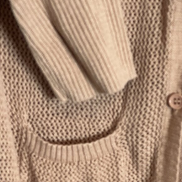 Olivia Sky Open Knit Longline Cardigan Tan Lightweight Button Front Sweater M - Picture 5 of 9
